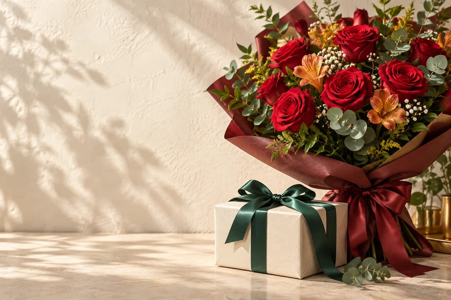 Ramo de rosas rojas junto a una caja de regalo con lazo verde
